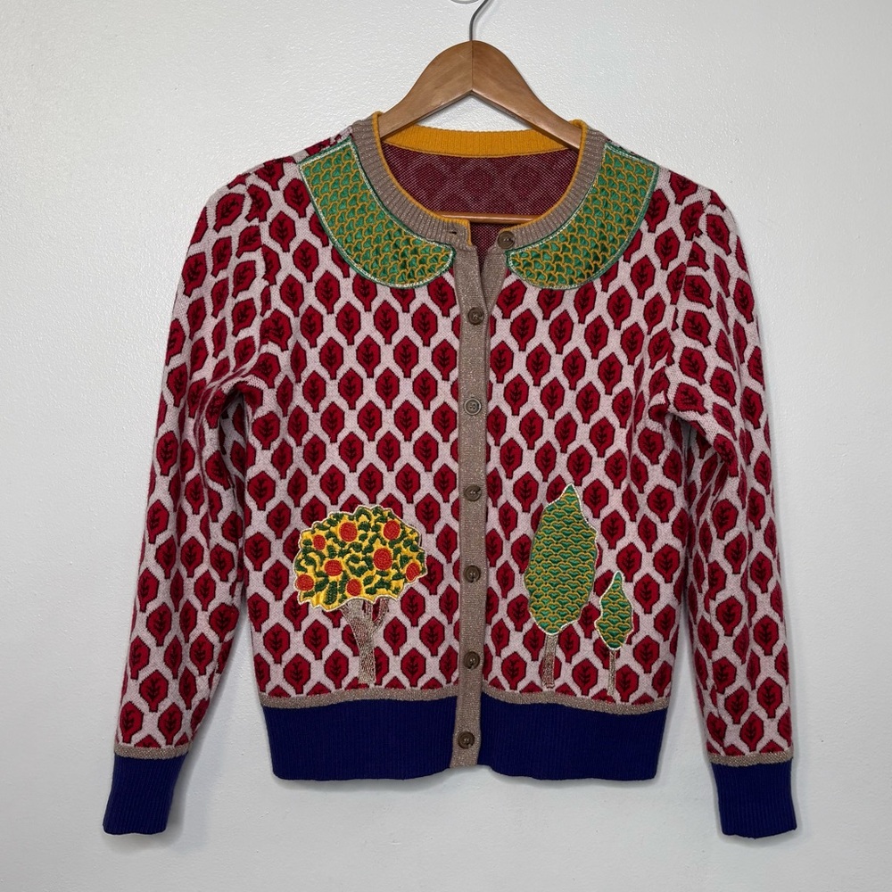 Red Patterned Button-Front Cardigan with Green Accents